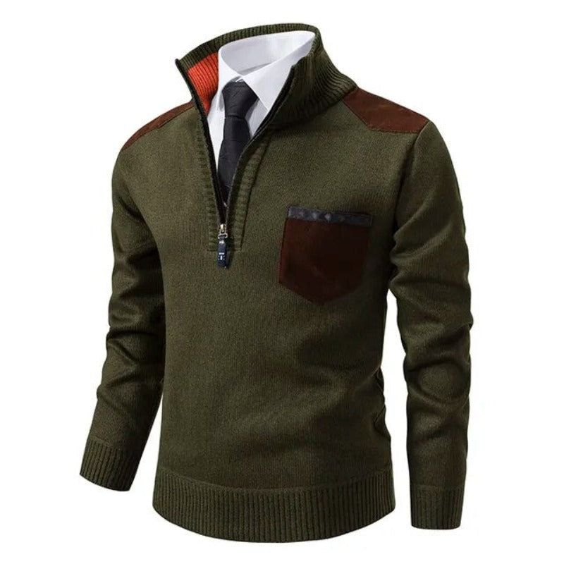 Men's knitted half-zip jumper with mock neck, chest pocket and contrasting shoulder panels