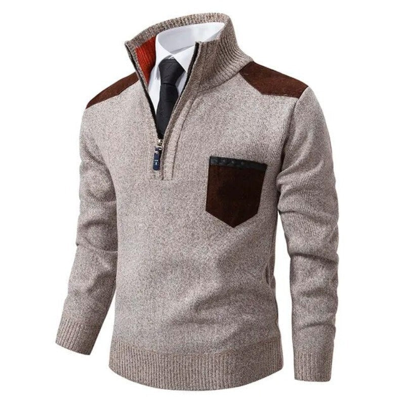 Men's knitted half-zip jumper with mock neck, chest pocket and contrasting shoulder panels