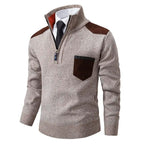 Men's knitted half-zip jumper with mock neck, chest pocket and contrasting shoulder panels