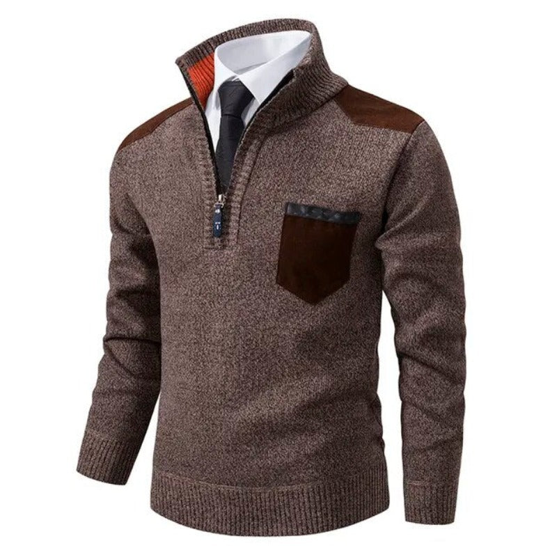 Men's knitted half-zip jumper with mock neck, chest pocket and contrasting shoulder panels