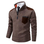 Men's knitted half-zip jumper with mock neck, chest pocket and contrasting shoulder panels
