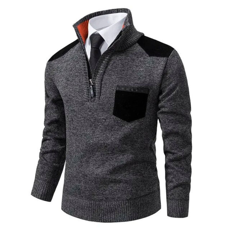 Men's knitted half-zip jumper with mock neck, chest pocket and contrasting shoulder panels