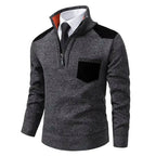 Men's knitted half-zip jumper with mock neck, chest pocket and contrasting shoulder panels