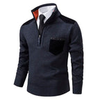 Men's knitted half-zip jumper with mock neck, chest pocket and contrasting shoulder panels