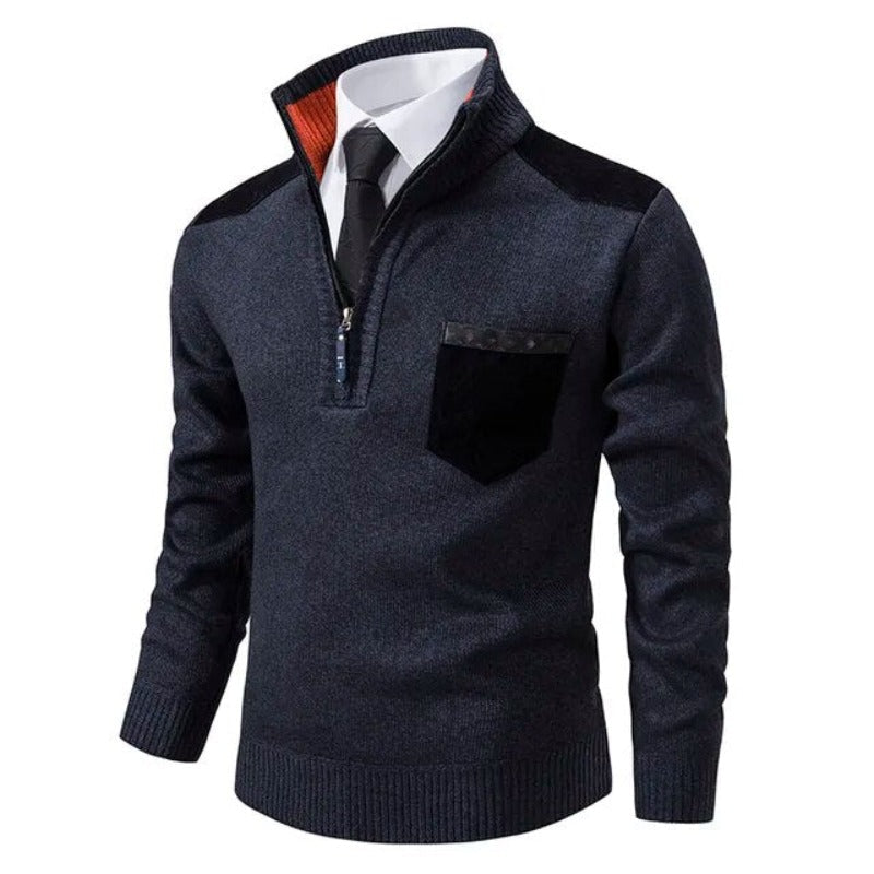 Men's knitted half-zip jumper with mock neck, chest pocket and contrasting shoulder panels