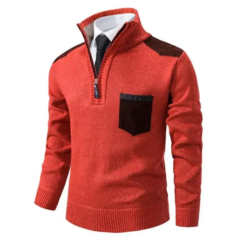 Men's knitted half-zip jumper with mock neck, chest pocket and contrasting shoulder panels