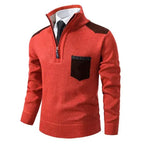 Men's knitted half-zip jumper with mock neck, chest pocket and contrasting shoulder panels
