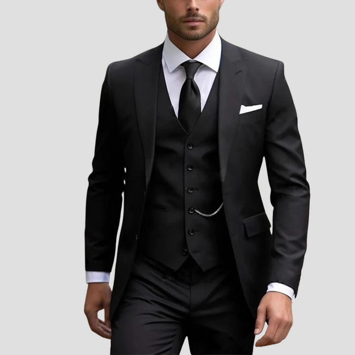 Men's three-piece slim fit suit with notch-lapel jacket, buttoned waistcoat and matching trousers