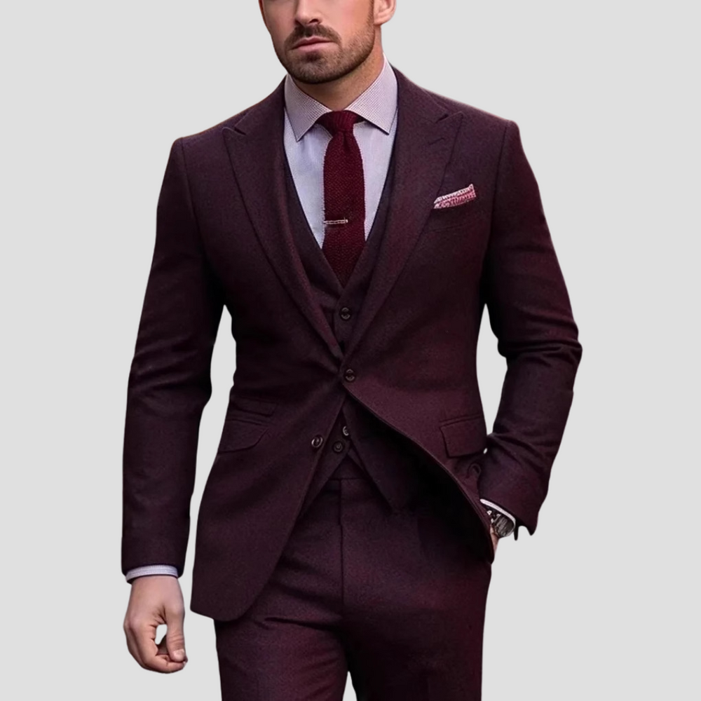 Men's three-piece slim fit suit with notch-lapel jacket, buttoned waistcoat and matching trousers