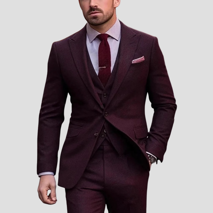 Men's three-piece slim fit suit with notch-lapel jacket, buttoned waistcoat and matching trousers