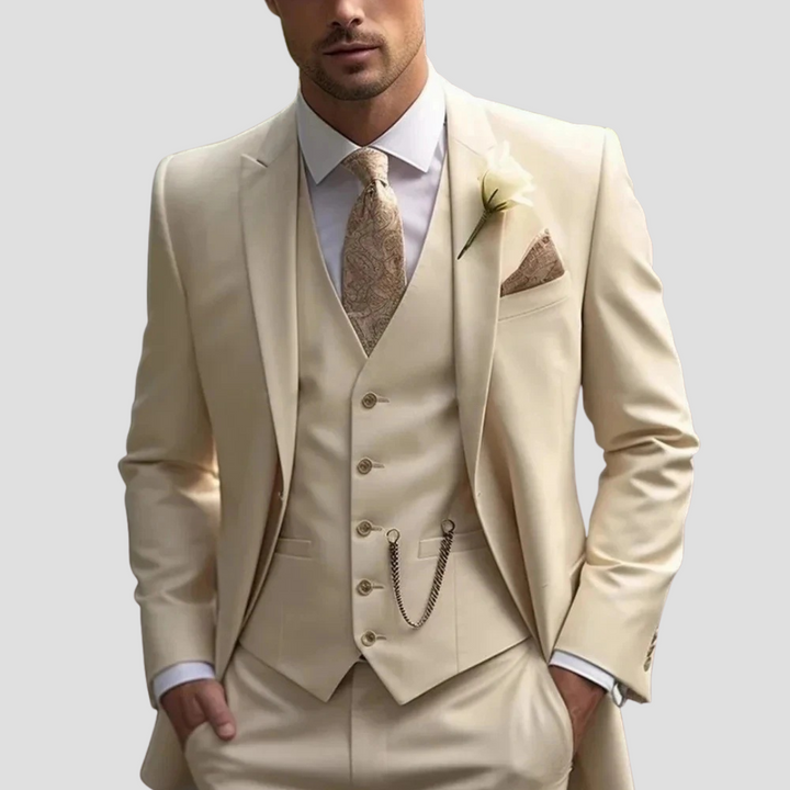 Men's three-piece slim fit suit with notch-lapel jacket, buttoned waistcoat and matching trousers