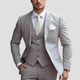 Men's three-piece slim fit suit with notch-lapel jacket, buttoned waistcoat and matching trousers