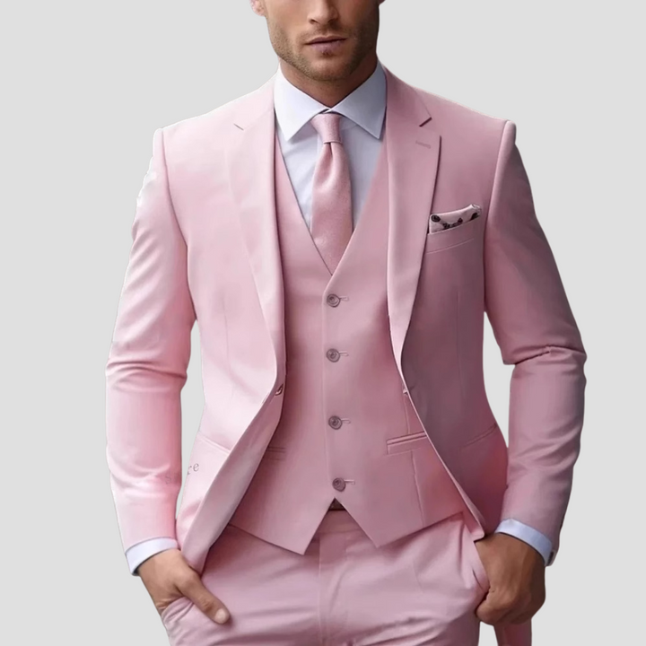 Men's three-piece slim fit suit with notch-lapel jacket, buttoned waistcoat and matching trousers