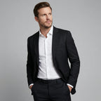 Men's single-breasted blazer with notched lapels and flap pockets