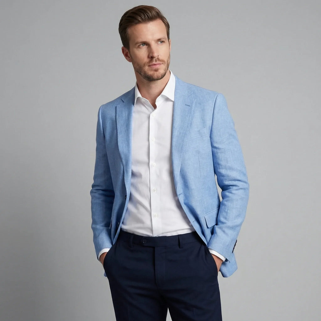 Men's single-breasted blazer with notched lapels and flap pockets