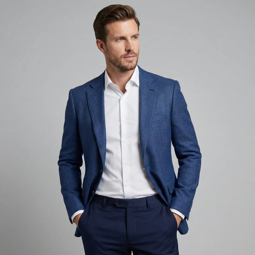 Men's single-breasted blazer with notched lapels and flap pockets