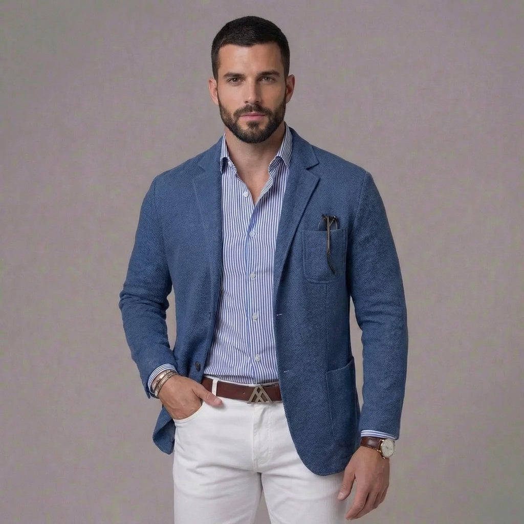 Men's textured single-breasted blazer with notched lapels and front pockets