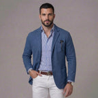 Men's textured single-breasted blazer with notched lapels and front pockets