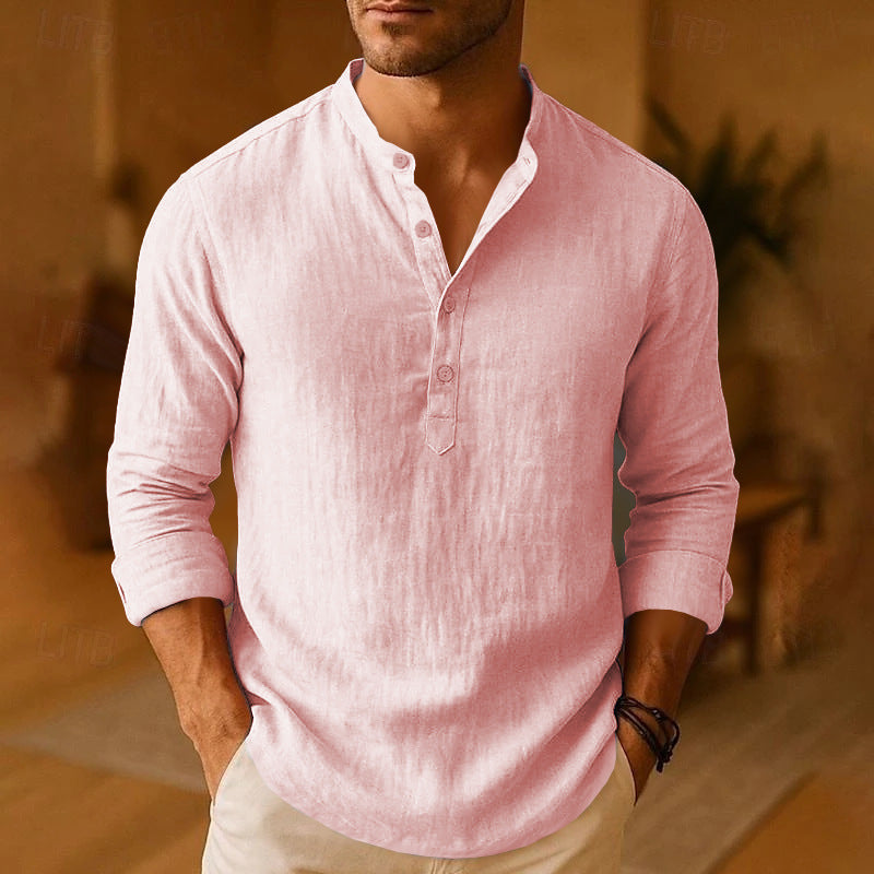 Men's long sleeve mandarin collar shirt with button placket