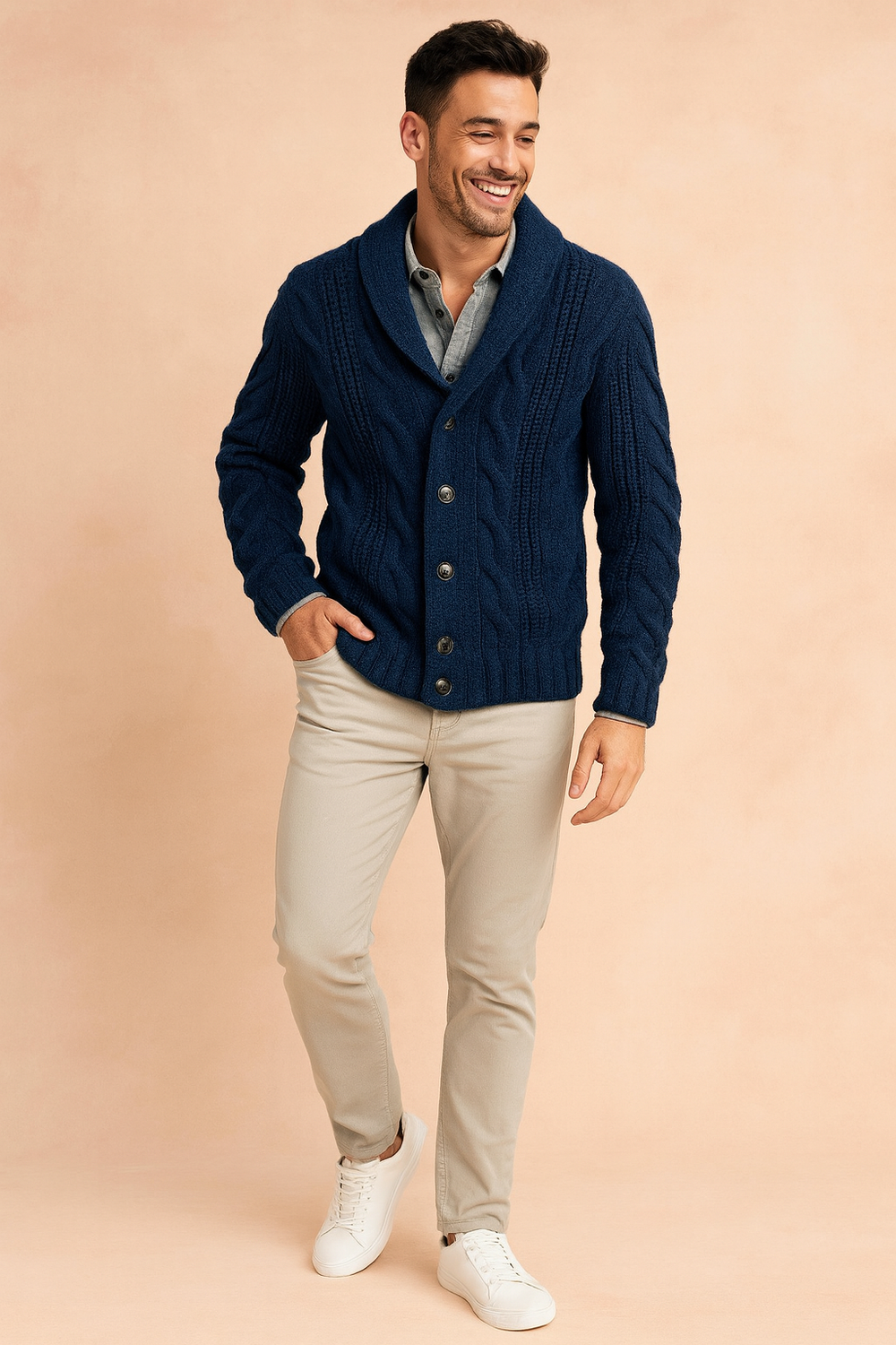 Men's chunky cable knit cardigan with a shawl collar and button front