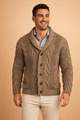 Men's brown chunky cable knit cardigan with a shawl collar and button front