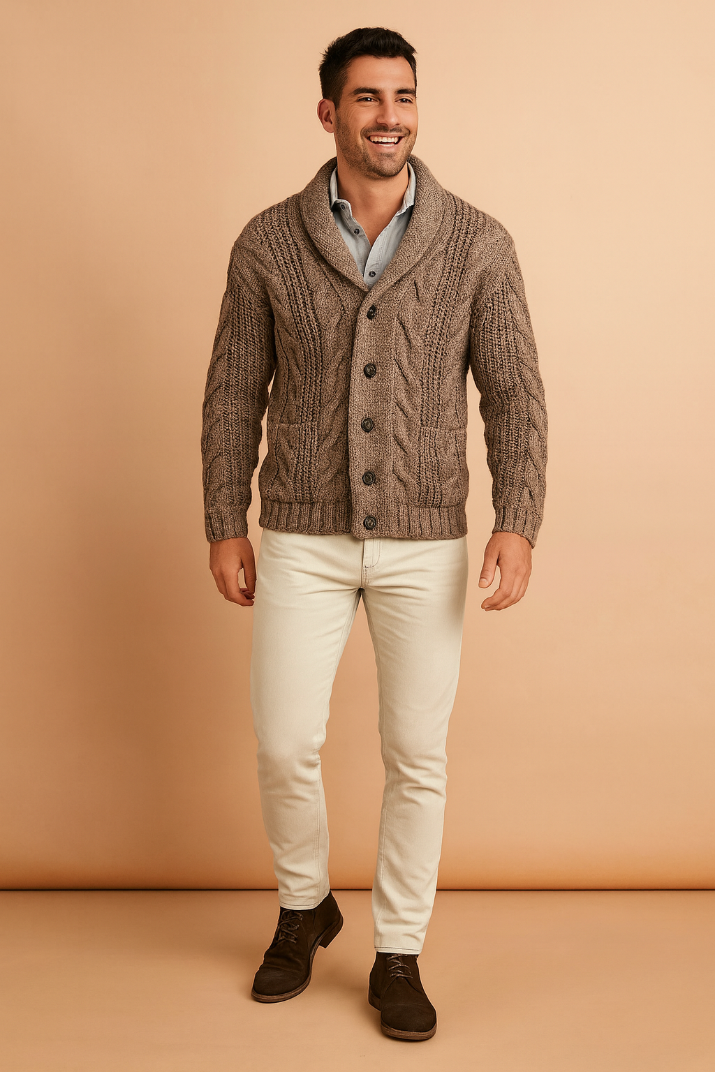 Men's chunky cable knit cardigan with a shawl collar and button front