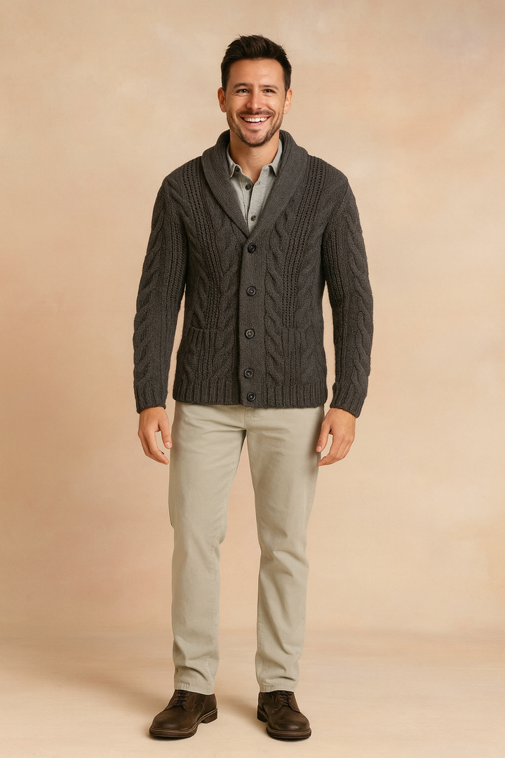 Men's chunky cable knit cardigan with a shawl collar and button front