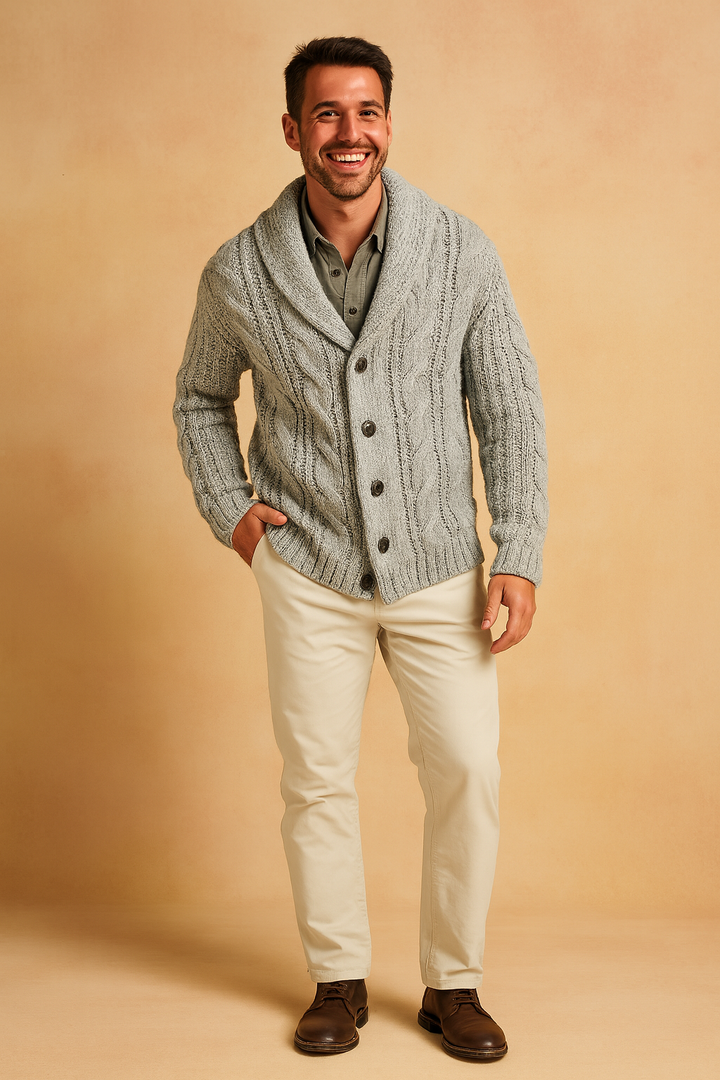 Men's chunky cable knit cardigan with a shawl collar and button front