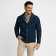 Men's dark blue chunky cable knit cardigan with a shawl collar and button front