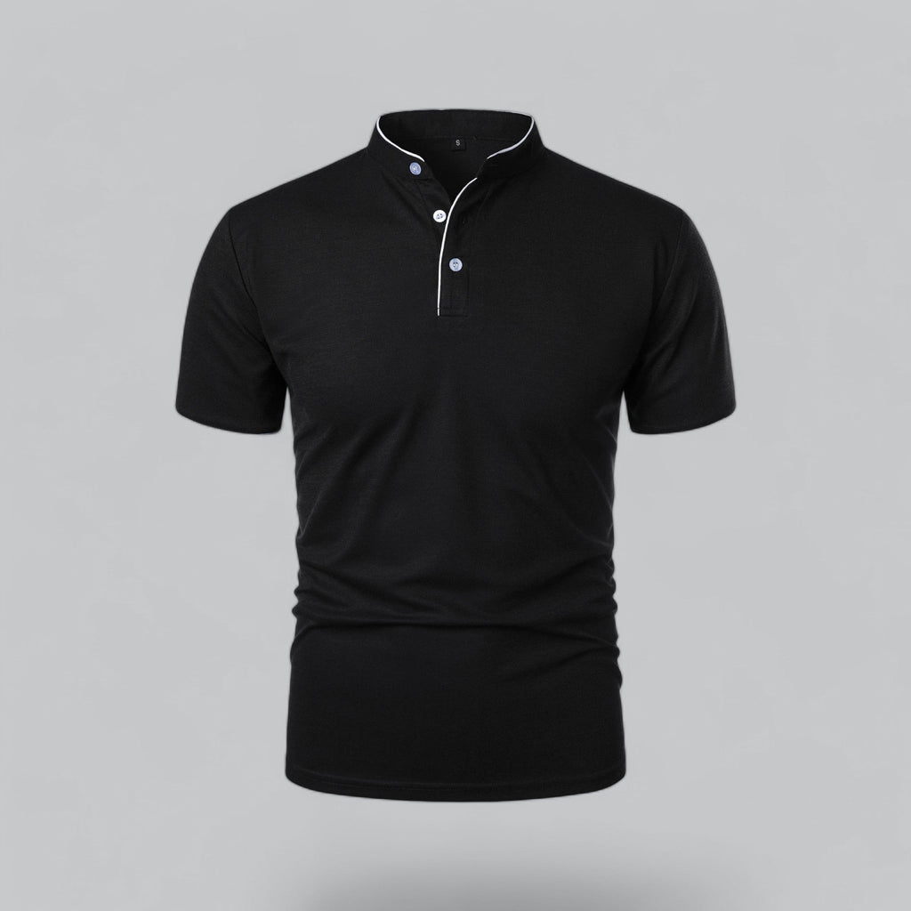 Men's short-sleeve collarless polo shirt with Mandarin collar and button placket