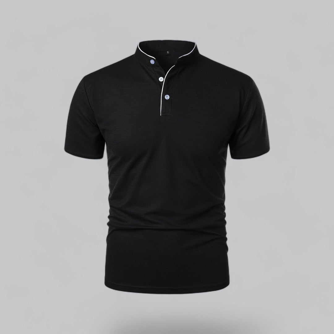 Men's short-sleeve collarless polo shirt with Mandarin collar and button placket