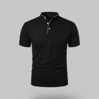 Men's short-sleeve collarless polo shirt with Mandarin collar and button placket