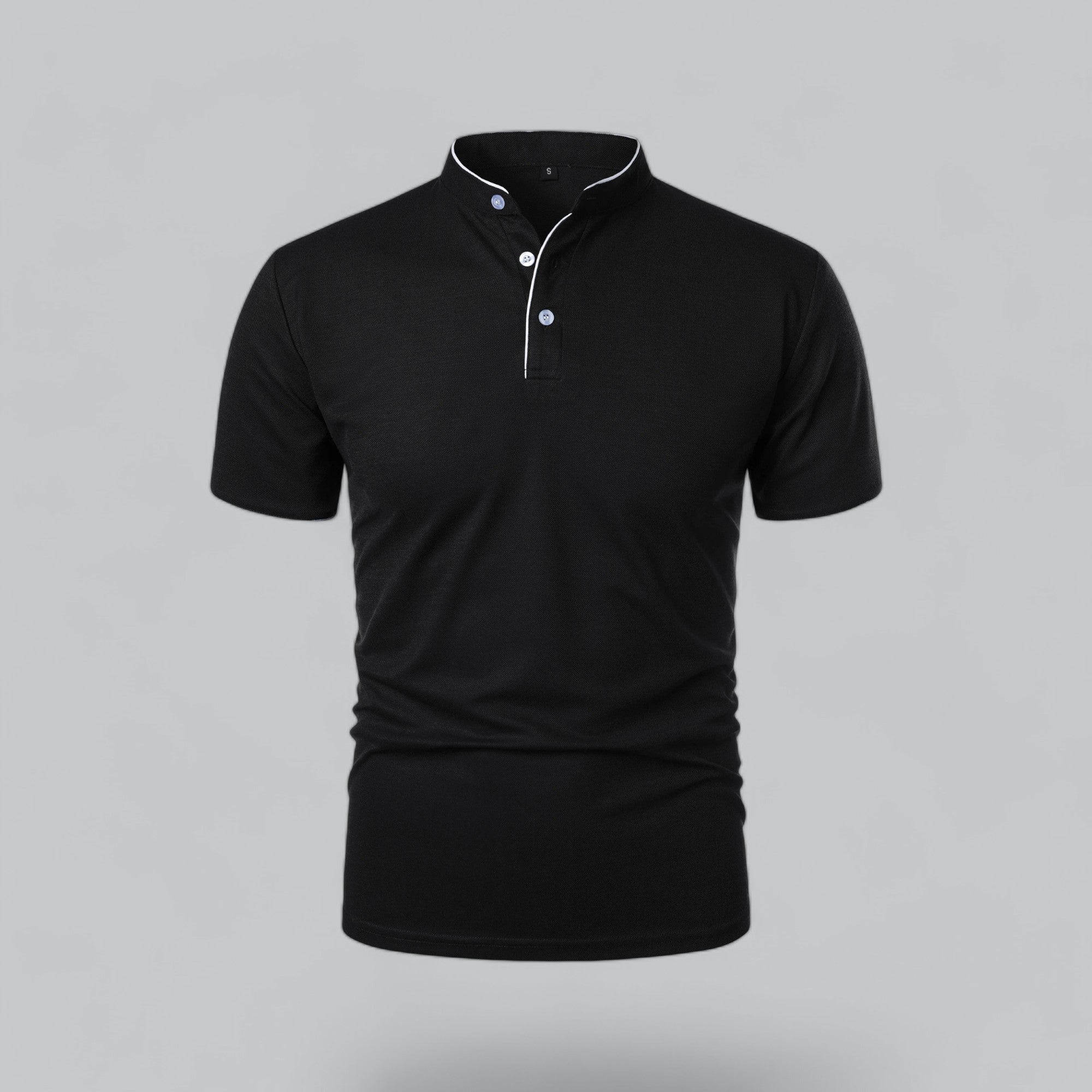 Men's short-sleeve collarless polo shirt with Mandarin collar and button placket