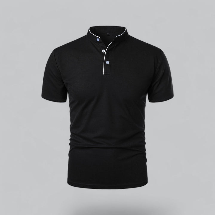 Men's short-sleeve collarless polo shirt with Mandarin collar and button placket