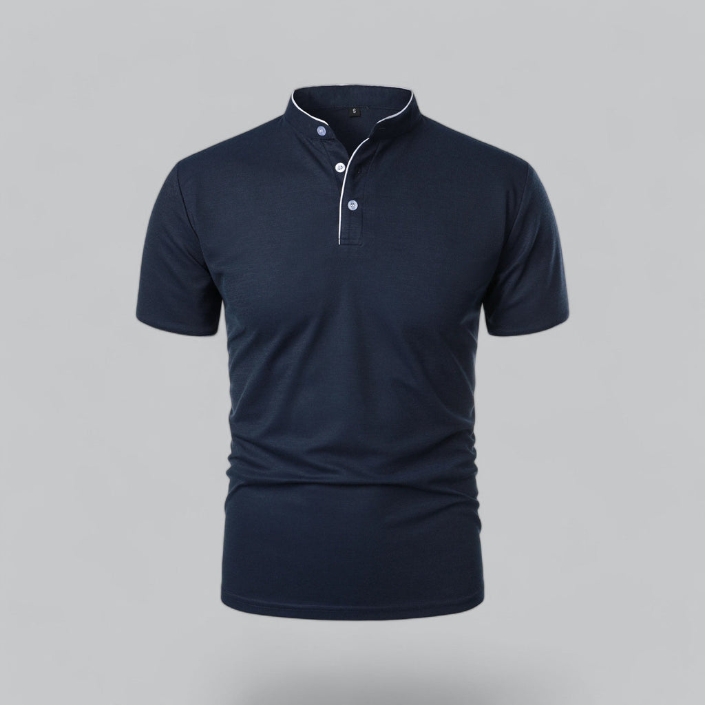 Men's short-sleeve collarless polo shirt with Mandarin collar and button placket