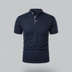 Men's short-sleeve collarless polo shirt with Mandarin collar and button placket