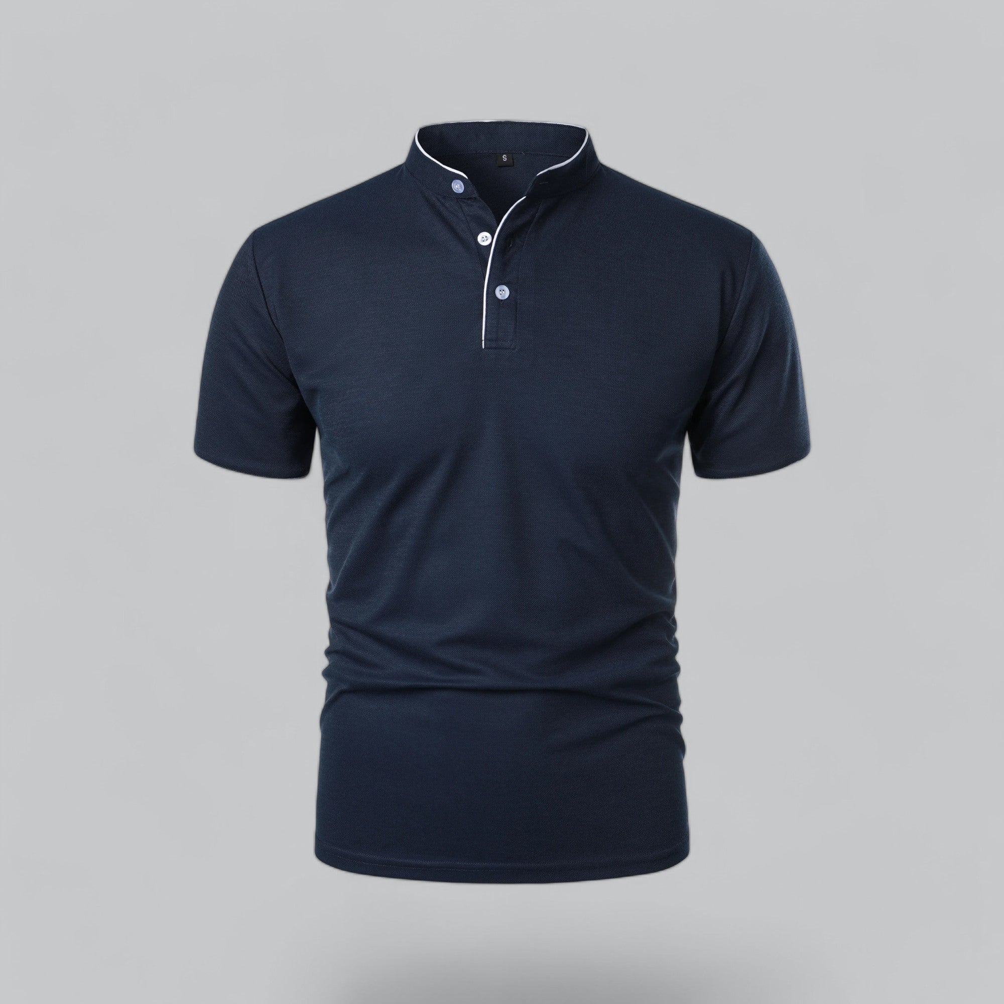 Men's short-sleeve collarless polo shirt with Mandarin collar and button placket