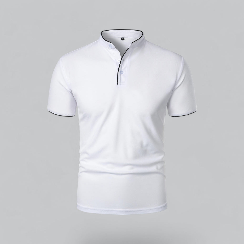 Men's short-sleeve collarless polo shirt with Mandarin collar and button placket