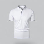 Men's short-sleeve collarless polo shirt with Mandarin collar and button placket