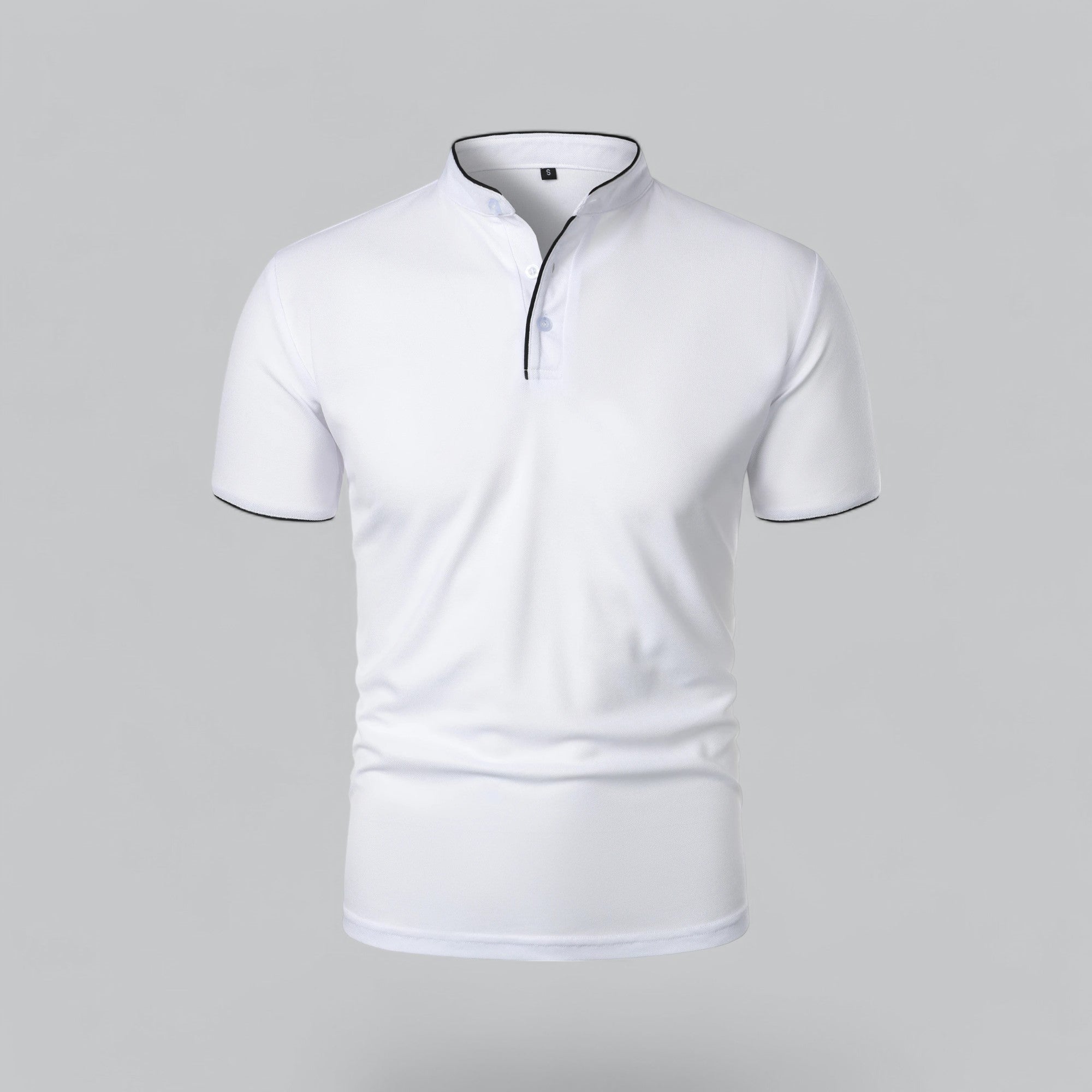 Men's short-sleeve collarless polo shirt with Mandarin collar and button placket