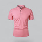 Men's short-sleeve collarless polo shirt with Mandarin collar and button placket