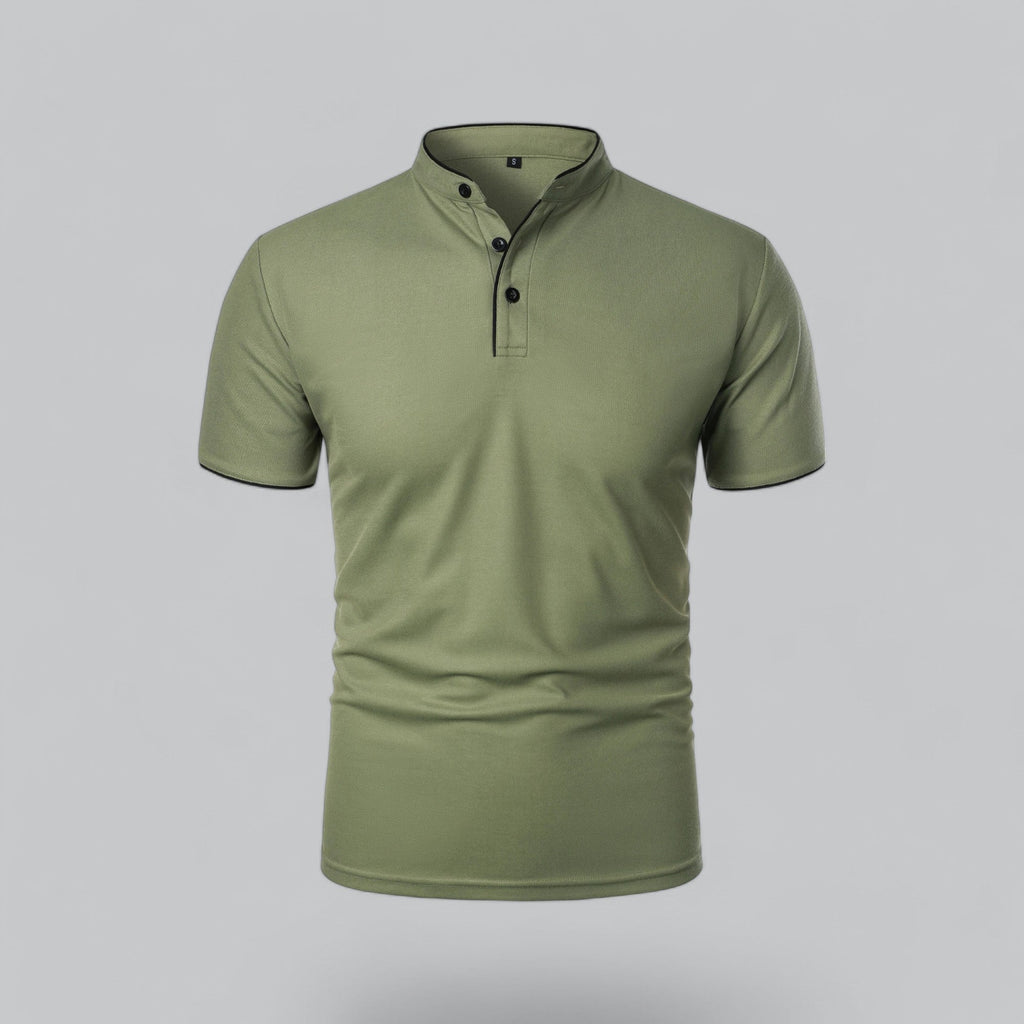 Men's short-sleeve collarless polo shirt with Mandarin collar and button placket