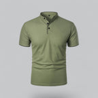 Men's short-sleeve collarless polo shirt with Mandarin collar and button placket