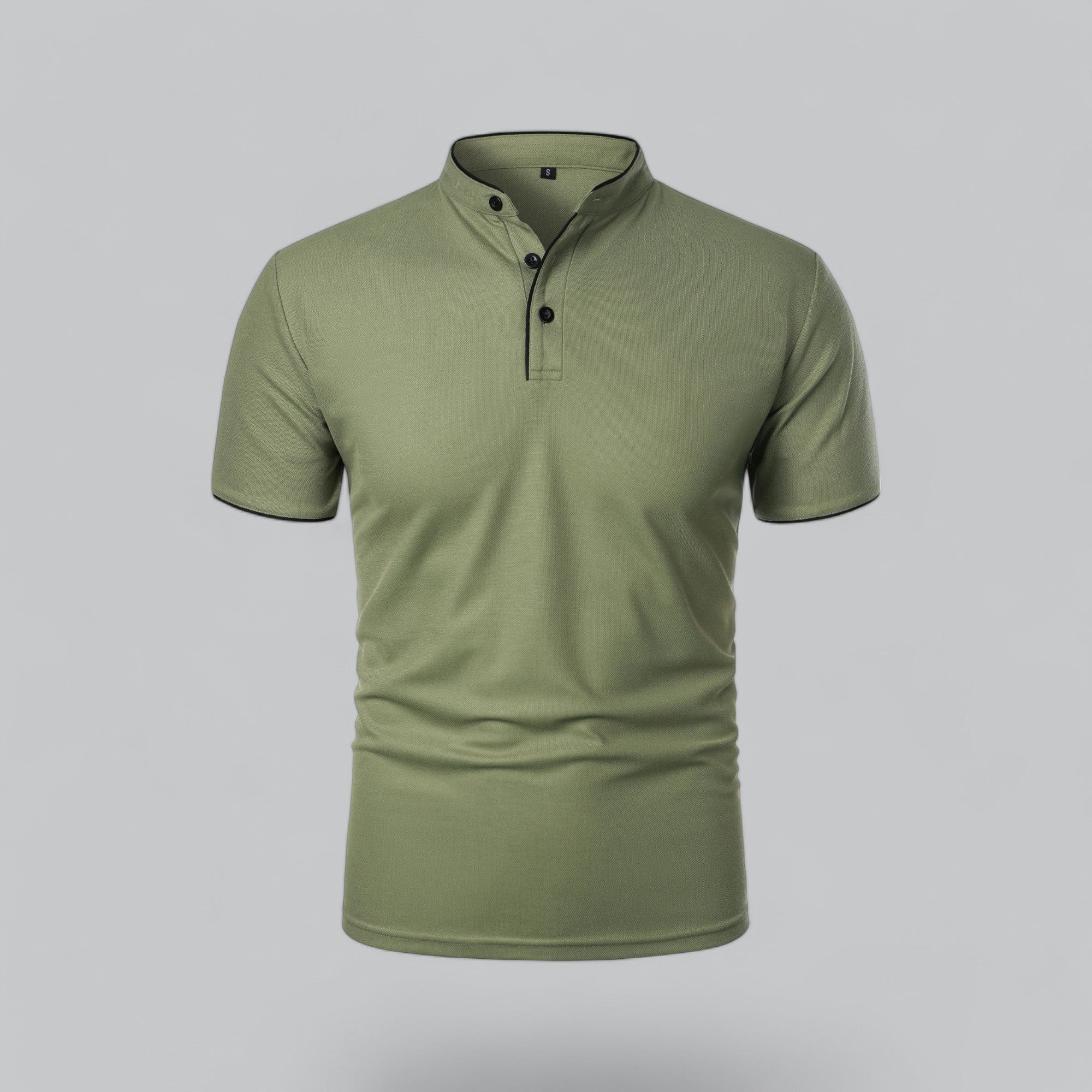 Men's short-sleeve collarless polo shirt with Mandarin collar and button placket