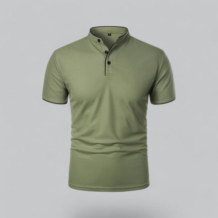 Men's short-sleeve collarless polo shirt with Mandarin collar and button placket