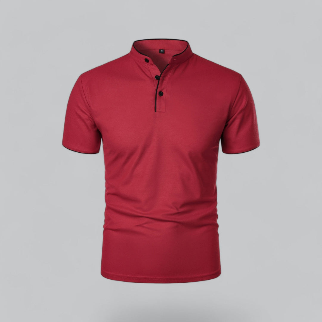 Men's short-sleeve collarless polo shirt with Mandarin collar and button placket
