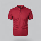 Men's short-sleeve collarless polo shirt with Mandarin collar and button placket