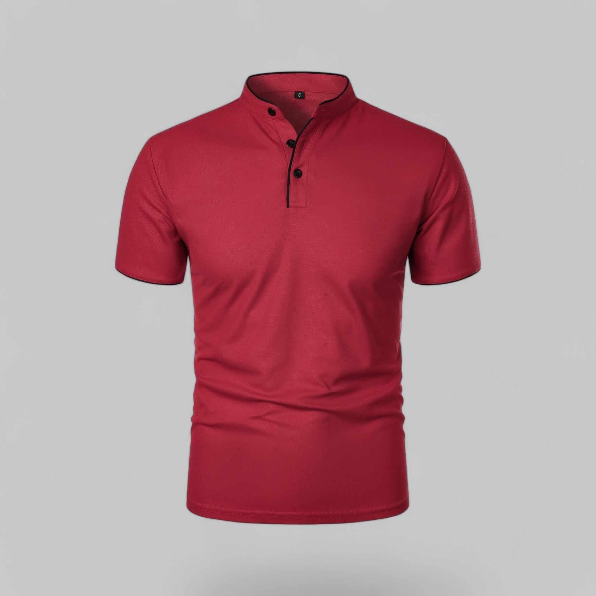 Men's short-sleeve collarless polo shirt with Mandarin collar and button placket