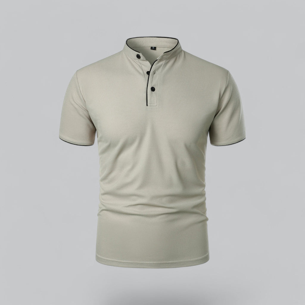 Men's short-sleeve collarless polo shirt with Mandarin collar and button placket