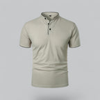 Men's short-sleeve collarless polo shirt with Mandarin collar and button placket